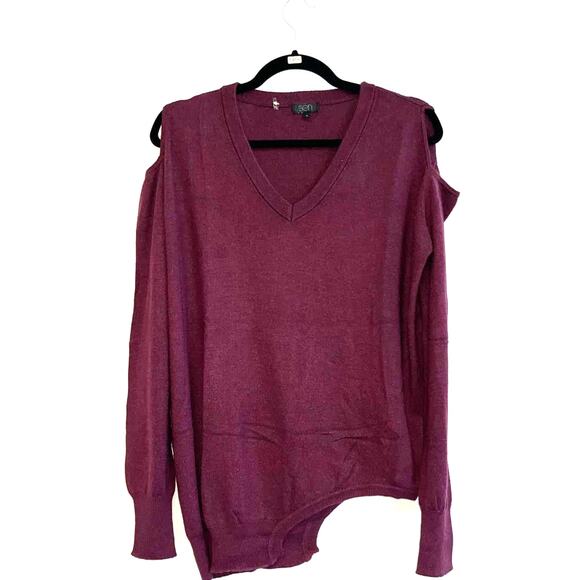 Sen Karlie Maroon Burgundy Cold Shoulder Asymmetric Hem Sweater Sz 2 - Picture 1 of 3